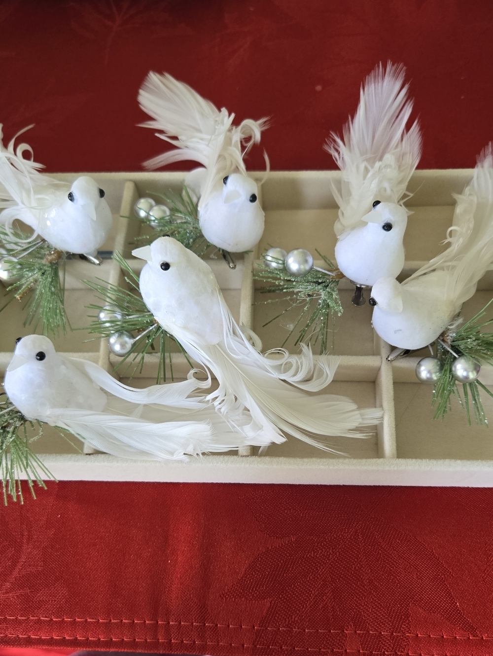 White Feathered Dove Clip-On Christmas Ornaments W/ Pine And Siver Berries